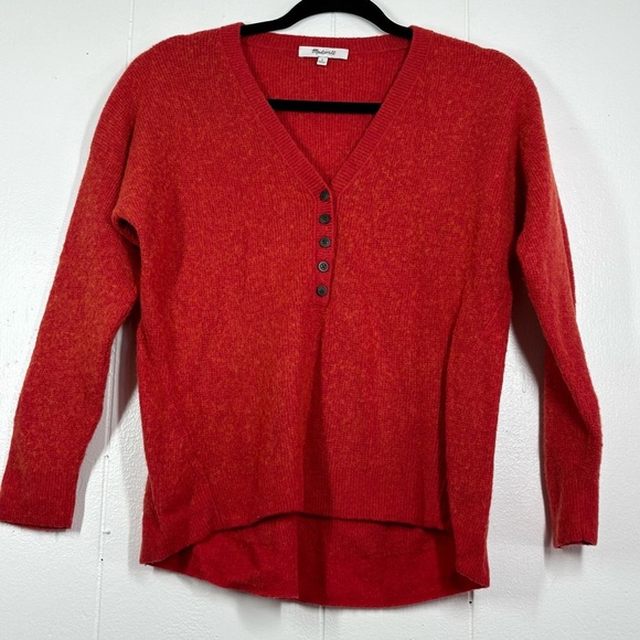 Madewell Wool Alpaca Blend Red Orange 3/4 Button Sweater Womens S Waffle Texture - Picture 2 of 9